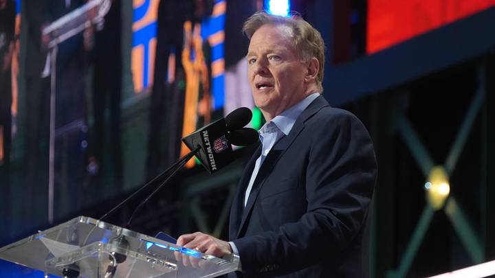 Apr 24, 2025; Green Bay, WI, USA; NFL commissioner Roger Goodell speaks before the first round of the 2025 NFL Draft at Lambeau Field. Mandatory Credit: Kirby Lee-Imagn Images