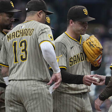 Jun 8, 2025; Milwaukee, Wisconsin, USA; San Diego Padres manager Mike Shildt (8) takes starting pitcher San Diego Padres pitcher Ryan Bergert (38) out of the game against the Milwaukee Brewers at American Family Field. Mandatory Credit: Michael McLoone-Imagn Images