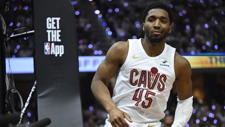 Apr 22, 2024; Cleveland, Ohio, USA; Cleveland Cavaliers guard Donovan Mitchell (45) reacts in the second quarter against the Orlando Magic during game two of the first round of the 2024 NBA playoffs at Rocket Mortgage FieldHouse. Mandatory Credit: David Richard-USA TODAY Sports