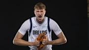 Sep 29, 2025; Dallas, TX, USA; Dallas Mavericks forward Cooper Flagg (32) poses for a photo during the Mavericks 2025 media day at the American Airlines Center. Mandatory Credit: Jerome Miron-Imagn Images