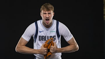 Sep 29, 2025; Dallas, TX, USA; Dallas Mavericks forward Cooper Flagg (32) poses for a photo during the Mavericks 2025 media day at the American Airlines Center. Mandatory Credit: Jerome Miron-Imagn Images