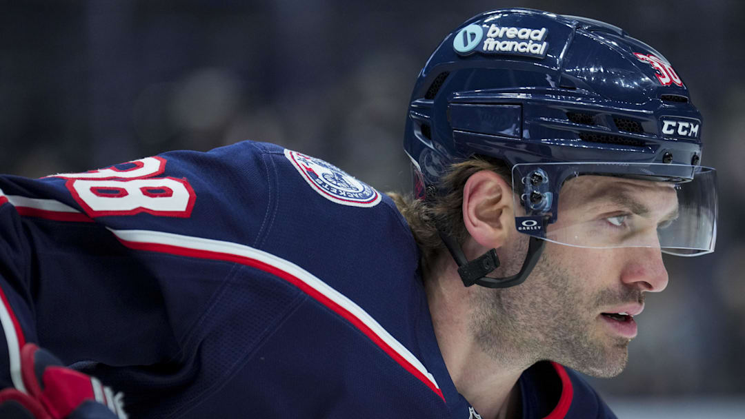 Boone Jenner skates around during warmups at Nationwide Arena