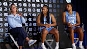 North Carolina head coacgh Courtney Banghart with players Reniya Kelly and Indya Nivar at the ACC Tipoff on Monday, Oct. 6, 2025.