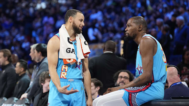 Shaq’s OGs guard Stephen Curry (30) of the Golden State Warriors and forward Kevin Durant (35) of the Sacramento Kings look on in the game against Chuck’s Global Stars during the 2025 NBA All Star Game at Chase Center. Mandatory Credit: Kyle Terada-Imagn Images