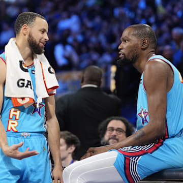 February 16, 2025; San Francisco, CA, USA; Shaq’s OGs guard Stephen Curry (30) of the Golden State Warriors and forward Kevin Durant (35) of the Phoenix Suns look on in the game against Chuck’s Global Stars during the 2025 NBA All Star Game at Chase Center. Mandatory Credit: Kyle Terada-Imagn Images