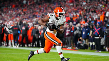 Dec 2, 2024; Denver, Colorado, USA; Cleveland Browns running back Nick Chubb (24) scores a touchdown in the fourth quarter against the Denver Broncos at Empower Field at Mile High. Mandatory Credit: Ron Chenoy-Imagn Images