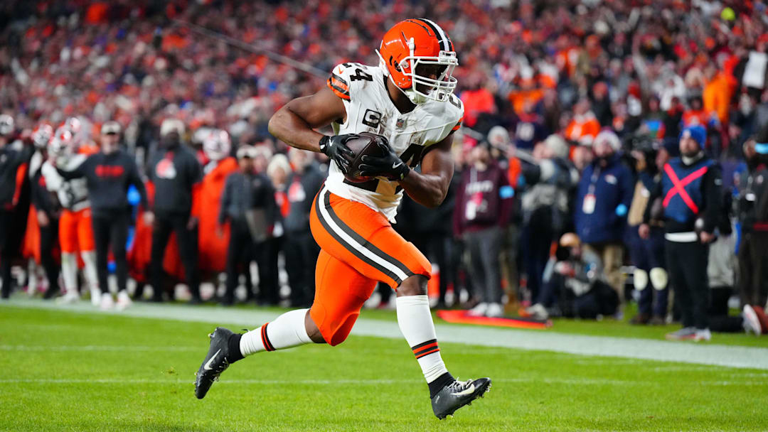 Dec 2, 2024; Denver, Colorado, USA; Cleveland Browns running back Nick Chubb (24) scores a touchdown in the fourth quarter against the Denver Broncos at Empower Field at Mile High. Dec 2, 2024; Denver, Colorado, USA; Cleveland Browns running back Nick Chubb (24) scores a touchdown in the fourth quarter against the Denver Broncos at Empower Field at Mile High.