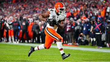 Dec 2, 2024; Denver, Colorado, USA; Cleveland Browns running back Nick Chubb (24) scores a touchdown in the fourth quarter against the Denver Broncos at Empower Field at Mile High. Mandatory Credit: Ron Chenoy-Imagn Images