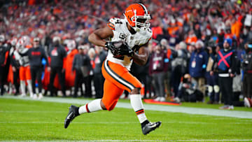 Dec 2, 2024; Denver, Colorado, USA; Cleveland Browns running back Nick Chubb (24) scores a touchdown in the fourth quarter against the Denver Broncos at Empower Field at Mile High. Mandatory Credit: Ron Chenoy-Imagn Images