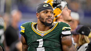 Sep 28, 2025; Arlington, Texas, USA; Green Bay Packers defensive end Micah Parsons (1) looks on from the sidelines during the game between the Dallas Cowboys and the Green Bay Packers at AT&T Stadium. Mandatory Credit: Jerome Miron-Imagn Images