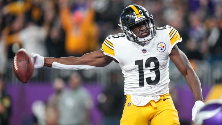 Dec 9, 2021; Minneapolis, Minnesota, USA; Pittsburgh Steelers wide receiver James Washington (13) celebrates his touchdown during the fourth quarter against the Minnesota Vikings at U.S. Bank Stadium. Mandatory Credit: Brace Hemmelgarn-USA TODAY Sports