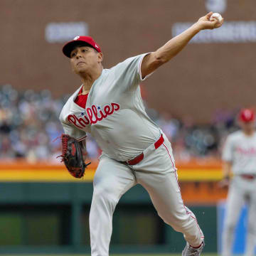 Philadelphia Phillies starting pitcher Ranger Suarez (55) pitches in the first inning against the Detroit Tigers at Comerica Park on June 25.