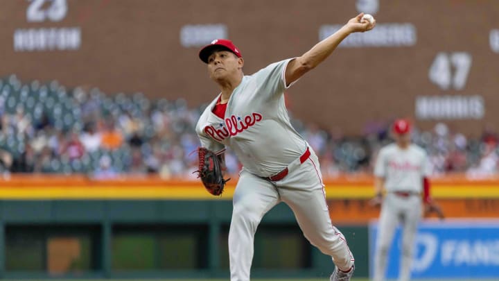 Philadelphia Phillies starting pitcher Ranger Suarez (55) pitches in the first inning against the Detroit Tigers at Comerica Park on June 25.