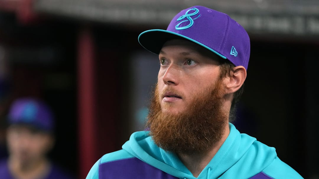 Jul 5, 2025; Phoenix, Arizona, USA; Arizona Diamondbacks pitcher A.J. Puk gets ready to play the Kansas City Royals at Chase Field. Mandatory Credit: Rick Scuteri-Imagn Images