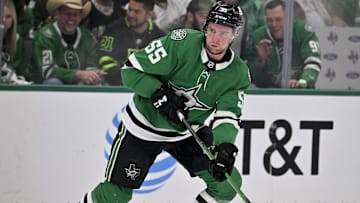 Apr 28, 2025; Dallas, Texas, USA; Dallas Stars defenseman Thomas Harley (55) skates against the Colorado Avalanche during the second period in game five of the first round of the 2025 Stanley Cup Playoffs at American Airlines Center. Mandatory Credit: Jerome Miron-Imagn Images