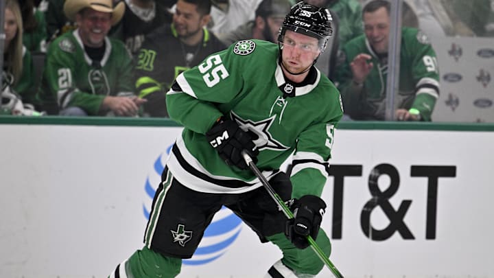 Apr 28, 2025; Dallas, Texas, USA; Dallas Stars defenseman Thomas Harley (55) skates against the Colorado Avalanche during the second period in game five of the first round of the 2025 Stanley Cup Playoffs at American Airlines Center. Mandatory Credit: Jerome Miron-Imagn Images