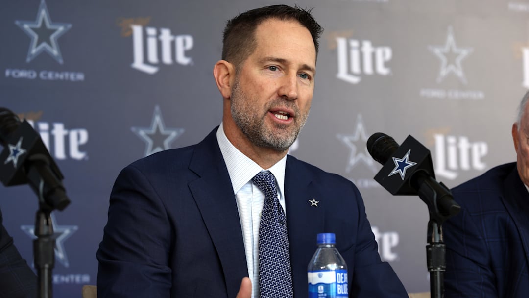 Jan 27, 2025; Frisco, TX, USA;   Dallas Cowboys Head Coach Brian Schottenheimer speaks to the media at a press conference at the Star.  Mandatory Credit: Tim Heitman-Imagn Images