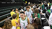 Feb 16, 2025; Eugene, Oregon, USA; Oregon Ducks guard Jackson Shelstad (3) and the rest of the team greet the students after a win over the Rutgers Scarlet Knights at Matthew Knight Arena. Mandatory Credit: Craig Strobeck-Imagn Images