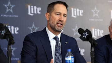Jan 27, 2025; Frisco, TX, USA;   Dallas Cowboys Head Coach Brian Schottenheimer speaks to the media at a press conference at the Star.  Mandatory Credit: Tim Heitman-Imagn Images