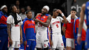 Mar 21, 2025; Dallas, Texas, USA; The Detroit Pistons bench reacts to a foul call during the second half against the Dallas Mavericks at the American Airlines Center. Mandatory Credit: Jerome Miron-Imagn Images