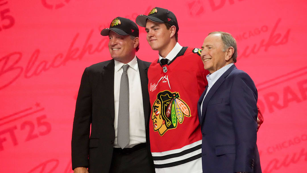 Jun 27, 2025; Los Angeles, California, USA; Anton Frondell is selected as the third overall pick to the Chicago Blackhawks in the first round of the 2025 NHL Draft at Peacock Theater. Mandatory Credit: Kirby Lee-Imagn Images