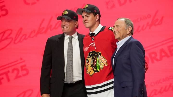 Jun 27, 2025; Los Angeles, California, USA; Anton Frondell is selected as the third overall pick to the Chicago Blackhawks in the first round of the 2025 NHL Draft at Peacock Theater. Mandatory Credit: Kirby Lee-Imagn Images