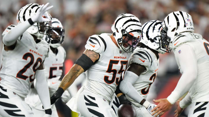 Week 3: Sporting the Cincinnati Bengals' White Bengal\" uniforms, Logan Wilson (55) celebrates an interception during the 19-16 win against the Los Angeles Rams at Paycor Stadium.