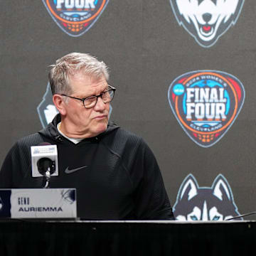 UConn Huskies coach Geno Auriemma (left) and guard Paige Bueckers during press conference at Rocket Mortgage FieldHouse.