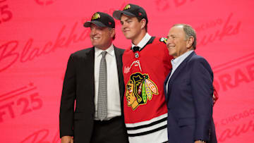 Jun 27, 2025; Los Angeles, California, USA; Anton Frondell is selected as the third overall pick to the Chicago Blackhawks in the first round of the 2025 NHL Draft at Peacock Theater. Mandatory Credit: Kirby Lee-Imagn Images