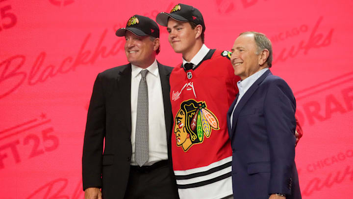 Jun 27, 2025; Los Angeles, California, USA; Anton Frondell is selected as the third overall pick to the Chicago Blackhawks in the first round of the 2025 NHL Draft at Peacock Theater. Mandatory Credit: Kirby Lee-Imagn Images