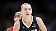 Jun 27, 2025; Dallas, Texas, USA; Dallas Wings guard Paige Bueckers (5) in action during the game between the Dallas Wings and the Indiana Fever at the American Airlines Center. Mandatory Credit: Jerome Miron-Imagn Images