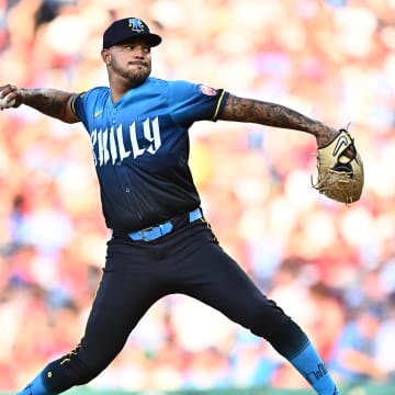 Jun 21, 2024; Philadelphia, Pennsylvania, USA; Philadelphia Phillies starting pitcher Taijuan Walker (99) throws a pitch against the Arizona Diamondbacks in the first inning at Citizens Bank Park. 