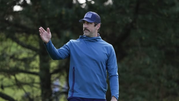 Feb 1, 2024; Pebble Beach, California, USA; New York Jets quarterback Aaron Rodgers on the 11th hole