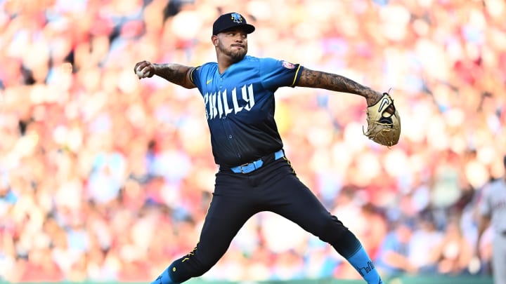 Jun 21, 2024; Philadelphia, Pennsylvania, USA; Philadelphia Phillies starting pitcher Taijuan Walker (99) throws a pitch against the Arizona Diamondbacks in the first inning at Citizens Bank Park. 