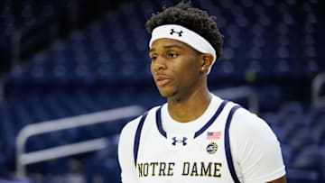 Notre Dame guard Markus Burton speaks with media during Notre Dame men's basketball's media day at Purcell Pavilion on Tuesday, Oct. 1, 2024, in South Bend.