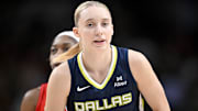 Jun 27, 2025; Dallas, Texas, USA; Dallas Wings guard Paige Bueckers (5) in action during the game between the Dallas Wings and the Indiana Fever at the American Airlines Center. Mandatory Credit: Jerome Miron-Imagn Images