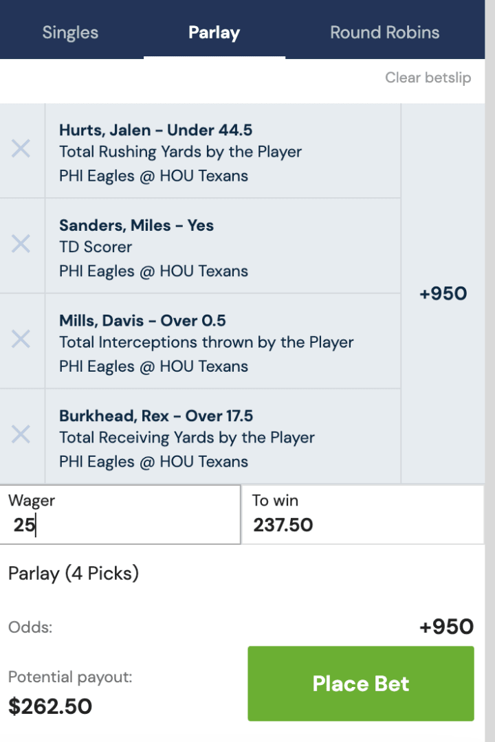 A $25 bet on this 4-pick same game parlay pays out at +950 odds, or 9.5x the original bet.