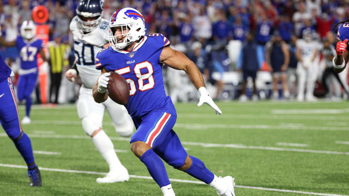 Bills linebacker Matt Milano returns this interception 43 yards for a touchdown against the Titans.