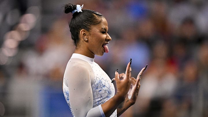 Apr 19, 2025: UCLA Bruins gymnast Jordan Chiles performs during the 2025 Women's National Gymnastics Championship. Apr 19, 2025: UCLA Bruins gymnast Jordan Chiles performs during the 2025 Women's National Gymnastics Championship.