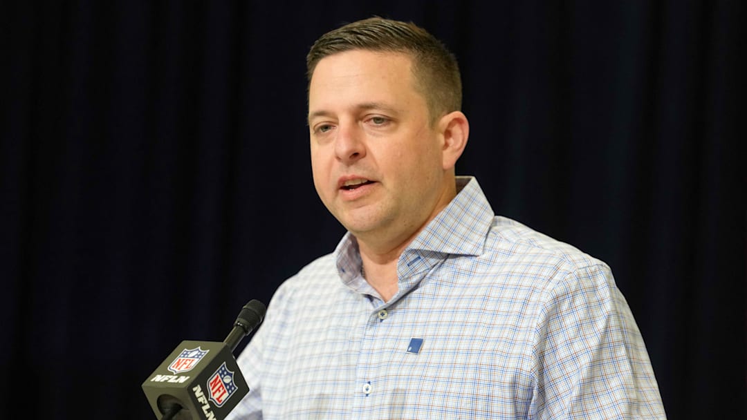 Feb 24, 2026; Indianapolis, IN, USA; New England Patriots general manager Eliot Wolf speaks at the NFL Scouting Combine at the Indiana Convention Center. Mandatory Credit: Kirby Lee-Imagn Images