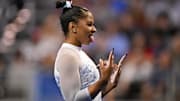 UCLA Bruins gymnast Jordan Chiles performs on floor exercise during the 2025 Women's National Gymnastics Championship at Dickies Arena. 