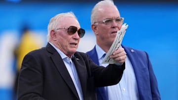 Aug 20, 2022; Inglewood, California, USA; Dallas Cowboys owner Jerry Jones (left) and chief executive vice president Stephen Jones react before the game against the Los Angeles Chargers at SoFi Stadium. Mandatory Credit: Kirby Lee-Imagn Images