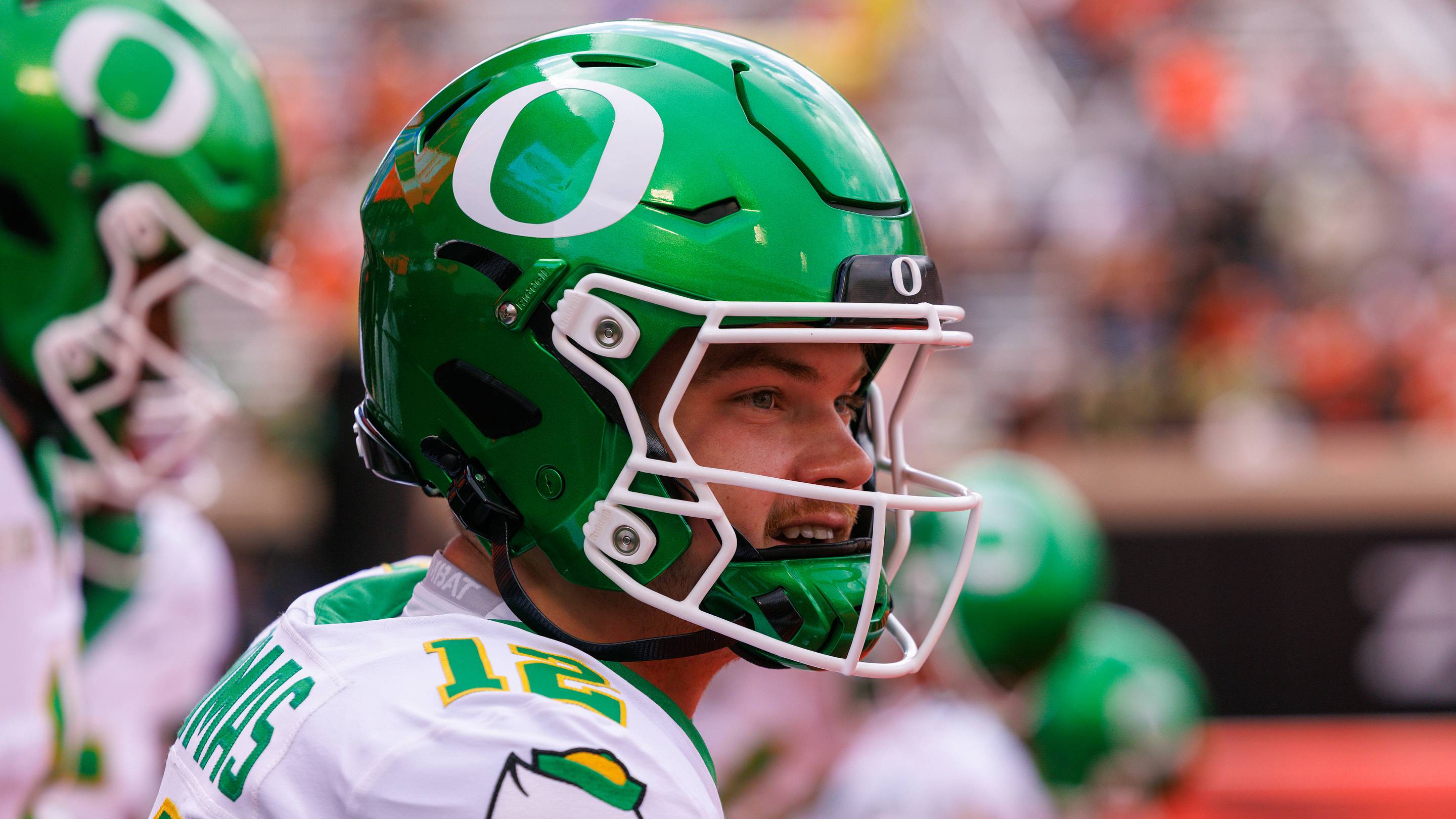Sep 12, 2026; Stillwater, Oklahoma, USA; Oregon Ducks quarterback Brock Thomas (12) before the game between the Oklahoma State Cowboys and the Ducks at Boone Pickens Stadium. Mandatory Credit: William Purnell-Imagn Images