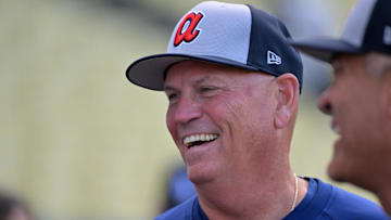 Atlanta Braves manager Brian Snitker (43) looks on before the game against the Los Angeles Dodgers at Dodger Stadium.