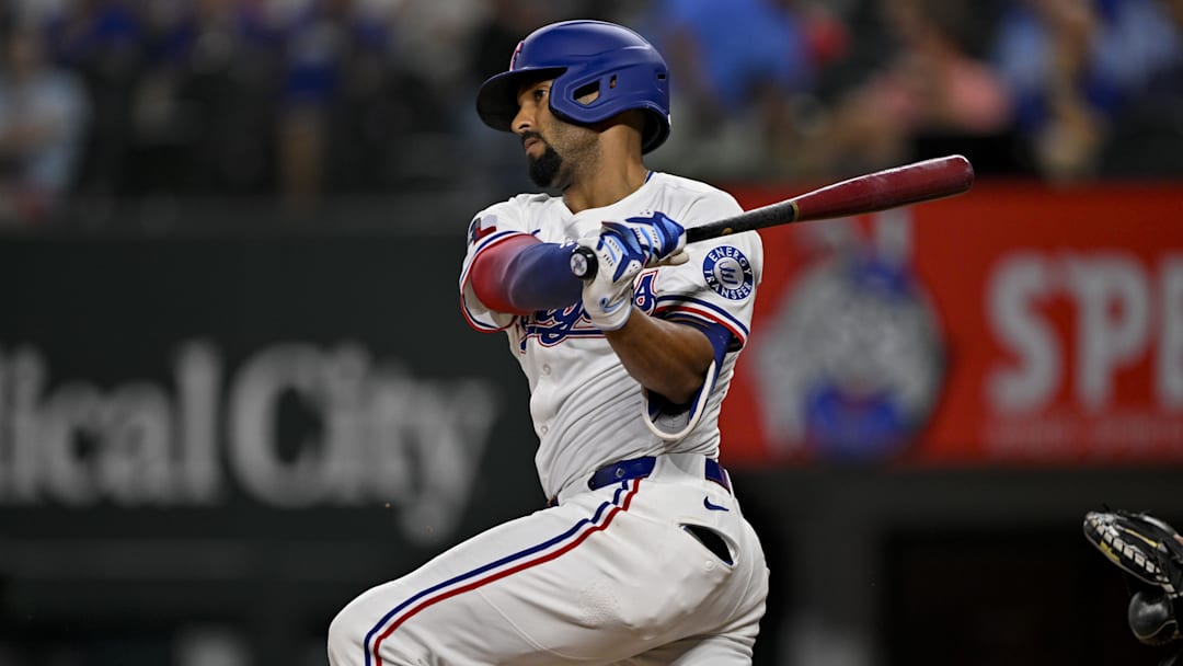 Aug 11, 2025; Arlington, Texas, USA; Texas Rangers second baseman Marcus Semien (2) bats during the game between the Texas Rangers and the Arizona Diamondbacks at Globe Life Field. Mandatory Credit: Jerome Miron-Imagn Images