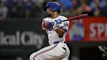 Aug 11, 2025; Arlington, Texas, USA; Texas Rangers second baseman Marcus Semien (2) bats during the game between the Texas Rangers and the Arizona Diamondbacks at Globe Life Field. Mandatory Credit: Jerome Miron-Imagn Images