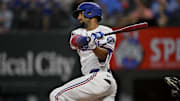 Aug 11, 2025; Arlington, Texas, USA; Texas Rangers second baseman Marcus Semien (2) bats during the game between the Texas Rangers and the Arizona Diamondbacks at Globe Life Field. 