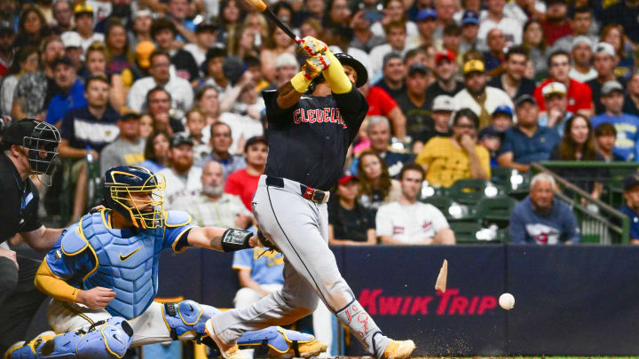 Aug 17, 2024; Milwaukee, Wisconsin, USA; Cleveland Guardians third baseman Jose Ramirez (11) breaks his bat while grounding out in the ninth inning against the Milwaukee Brewers at American Family Field. Mandatory Credit: Benny Sieu-USA TODAY Sports