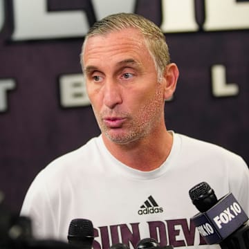 ASU head coach Bobby Hurley speaks to the press at Weatherup Center in Tempe, Ariz. on June 4, 2025.