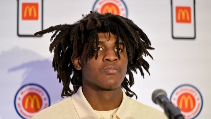 Apr 1, 2024; Houston, TX, USA; McDonald's All American East forward Jayden Quaintance speaks during a press conference at JW Marriott Houston by The Galleria. Mandatory Credit: Maria Lysaker-USA TODAY Sports